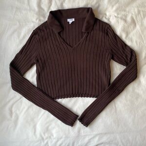 Garage Brown Lettuce Edge Long Sleeve Cropped Top